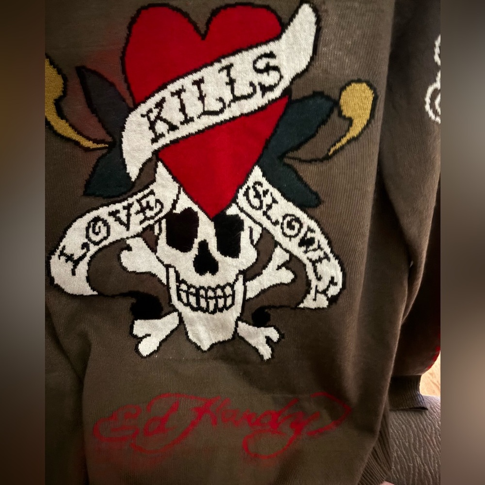 Ed Hardy Kill Loves Slowly, Olive Sweater Hoodie, 2X, NWOT